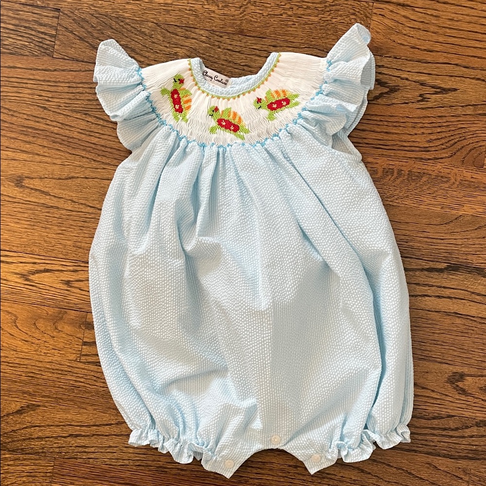 Light Blue Smocked Bubble Romper with Turtle Embroidery